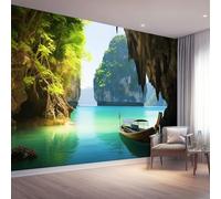 Papier Peint Panoramique Bleu-Vert 300 x 210 cm, Méditerranée Grottes Bateaux de croisière Thème Revêtement mural Décoration Chambre Design Moderne Intissé Tapisserie Photo Pour Chambre Salon