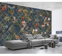 Papier Peint Panoramique Bleu Vintage Fleur Oiseau 350x250cm Papier Peint 3D Intissé Tapisserie Poster Chambre Salon Decoration Murale -MIWEI Wallpaper-ZXY-36033