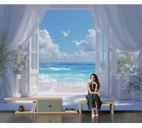 Papier Peint Panoramique Blue Beach Print, Papier Peint Intissé Estampes Paysages Guérisseurs Fresque Murale, 150 X 105 Cm Poster Geant Mural Pour Salon Chambre Décoration