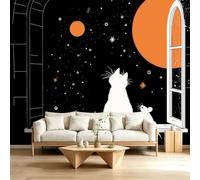 Papier Peint Panoramique Bohème 400 x 280 cm sur mesure taille Fresque Murale 3D, Décoration Murale Ciel Étoilé Planète Orange Animaux Chat, Papier Peint Intissé pour Salon Chambre Décoration