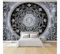 Papier Peint Panoramique Bohème Géométrique Motifs Mandala Plantes Noir, Poster Mural Géant Intissé, Tapisserie pour Décoration Salon et Chambre d'Enfants 250 x 175 cm