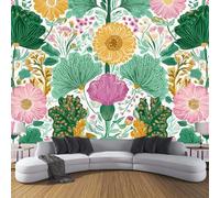 Papier Peint Panoramique Bohême Soie, Fleurs Et Feuilles Vertes Poster Geant Mural Vert Jaune Rose Personnalisé 3D pour Salon Chambre restaurant Enfant Décoration Murale 350×256cm