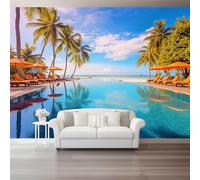 Papier Peint Panoramique Bord De La Mer Bleu Piscine Parasols 250 X 175 Cm Moderne Papier Peint Intissé Toison Mur Xxl Tableaux Muraux Tapisserie Photo Décoration