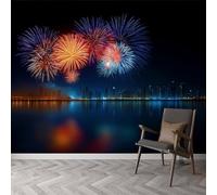 Papier peint panoramique Bord de Lac Bâtiments Feux D'Artifice, papier peint Paysages Urbains amovible - fresque murale facile à poser - décoration murale pour salon chambre enfant, 350 x 256 cm