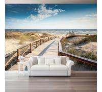 Papier Peint Panoramique Bord De Mer Promenade Plage 3D Intissé - Poster Mural Géant Pour Salon, Chambre, Bureau, - Marron Bleu Tapisserie Murale Moderne Personnalisée 200 X 140 Cm