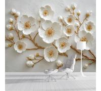 Papier Peint Panoramique Branches De Cerisiers En Fleurs Papier Peint en Soie Peinture En Relief 3D Revêtement Mural pour Salon, Adulte Chambre d'enfants, Restaurant Décoration 350x250cm, Blanc