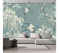 Papier Peint Panoramique Branches de fleurs d'hirondelle 350x256cm Poster Geant Mural 3D, Tapisserie Photo Peinture Murale, Papier Peint Peinture chinoise de fleurs et d'oiseaux Fresque Bleu-vert