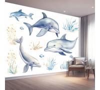 Papier Peint Panoramique Brise De L'Océan Bleu Dauphins Algues 300 X 210 Cm Moderne Papier Peint Intissé Toison Mur Xxl Tableaux Muraux Tapisserie Photo Décoration