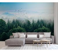 Papier Peint Panoramique Brouillard Forêt Loin Montagne Oiseaux 300x210cm Papier Peint 3D Intissé Tapisserie Poster Chambre Salon Decoration Murale -MIWEI Wallpaper-ZXY-35248