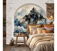 Papier Peint Panoramique Brouillard, montagnes enneigées et oiseaux en vol 184x127cm - Décoration intérieure murale Intissé moderne Mur en briques avec fenêtre pour chambre salon -Paysage abstrait