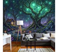 Papier Peint Panoramique Cabane Lumineuse Dans L'Arbre 250x175cm - Papier Peint Soie Forêt Magique - Poster Geant Mural 3D - Décoration Murale pour Salon Chambre d'enfants restaurant, Vert Fluorescent