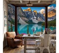 Papier Peint Panoramique Cadre De Fenêtre Montagnes Lacs Poster Mural, Magnifiques Paysages De Montagne Papier Peint Soie Décoration Pour Salon Chambre Restaurant Enfants, 350x256cm Bleu Murale