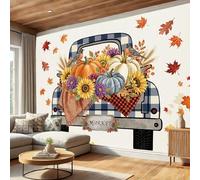 Papier Peint Panoramique Camion Citrouille Feuille D'Érable 350 x 256 cm, Aquarelle Style Automne Grandes Murales Poster, Couleur Orange Intissé Papier Peint pour Salon Chambre d'enfants Décoration