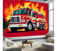 Papier Peint Panoramique Camion De Pompiers De Dessin Animé Poster Geant Mural 300x210 cm, pour Salon Chambre Chambre D'enfants Restaurant Décoration Murale, Rouge