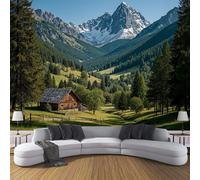 Papier Peint Panoramique Campagne De La Vallée Alpine, 450x315cm Papier Peint de Soie Paysage Rural Tableaux Muraux Tapisserie Photo Décoration Murale pour Salon, Chambre, Fond TV, Vert Émeraude
