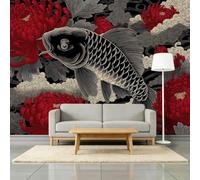 Papier Peint Panoramique Carpe Koï Noire Chrysanthèmes Rouges 200 x 140 cm Papier Peint Photo, Estampe Sur Bois Japonaise Muraux Photo Moderne - Tissu non tissé Tapisserie pour Salon Entrée Couloir