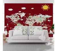 Papier Peint Panoramique Carte du Monde Peinte Poster Geant Mural, Carte Vintage et Soleil Papier Peint Intissé Mural pour Salon Canapé TV Fond Décoration Murale 250x175cm(L x H)