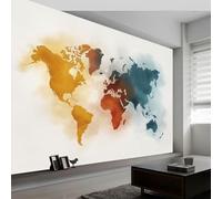 Papier Peint Panoramique Carte Du Monde Vintage Peinte Murale, Style Aquarelle Intissé Murale, 300 x 210 cm Photo Fresque pour Salon Chambre d'enfants Restaurant Décoration