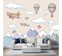 Papier Peint Panoramique Cartoon Montagne Enneigée Avion 250 x 175 cm | Papier Peint Intissé Dessin Main Vintage Exploration Aéronautique pour Salon Canapé TV Fond, Personnalisable Taille