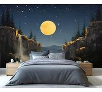 Papier peint panoramique « Cascade au clair de lune et canyon », fresque murale « Pleine lune et nuit étoilée », décoration murale amovible et adhésive pour chambre ou salon 300x230cm