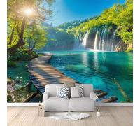 Papier Peint Panoramique Cascade Pittoresque Avec Pont En Bois 200x140 cm Poster Geant Mural 3D, Tapisserie Photo Peinture Murale, Papier Peint Intissé Fresque pour Salon Chambre Toile Fond TV