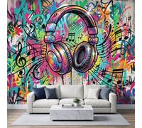 Papier Peint Panoramique Casque Notes Musique Murale | Art Rue Graffiti Papier Peint Photo 400 x 280 cm Murale Pour Salon Chambre Murales Intissé Poster Tableaux Photo Muraux