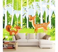 Papier Peint Panoramique Cerf sika à fleurs de dessin animé 250x175 cm Papier Peint Poster Mural 3D, Tapisserie Photo Peinture Murale Intissé Fresque pour Salon Chambre Toile Fond TV