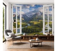 Papier Peint Panoramique Chaîne De Montagnes De La Forêt De Conifères, Papier Peint Vue De Montagne En 3D Soie Tapisserie Vert Décoration Murale pour Salon, Chambre, Bureau, Salle à Manger 350x250cm