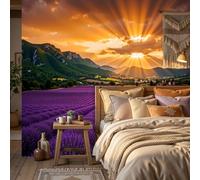 Papier Peint Panoramique Champs De Lavande Coucher De Soleil | Papier Peint Soie Paysages Pastoraux Français 350x256cm, Fresque Murale Décoration Murale Pour Salon Chambre Bureau (Non Adhésif)
