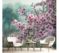 Papier Peint Panoramique Champs Fleurs Cerisier Poster Intissé Geant Mural 3D 300×210cm Photo Mural Style Japonais Fleurs Wallpaper pour Chambre Salon Personnalisé XXL Décoration Murale Rose