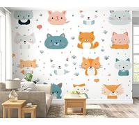 Papier Peint Panoramique Chat Cochon 3D - Motif Animal De Dessin Animé Dessin Au Bâton - Décoration Murale pour Salon & Chambre, Intissé Autocollant Papier Mural, 350x256 cm F-17