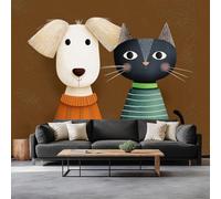 Papier Peint Panoramique Chat Et Chien Mignons 350 x 256 cm Poster Murale 3D, Animaux De Dessin Animé Tapisserie Photo Peinture Murale, Papier Peint Intissé Fresque pour Salon Chambre Toile Fond TV
