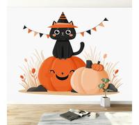 Papier Peint Panoramique Chat Noir De Dessin Animé Citrouille 400 x 280 cm Poster Murale 3D, Halloween Tapisserie Photo Peinture Murale, Papier Peint Intissé Fresque pour Salon Chambre Toile Fond TV