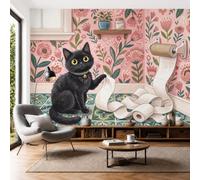 Papier Peint Panoramique Chat Noir Rouleau De Papier Toilette 400x280cm | Style De Guérison Américain Dessiné À La Main Fresque Murale Soie, Rose Papier Peint Décoration Murale Pour Salon, Chambre