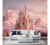 Papier Peint Panoramique Château Conte Fées Rose Nuages Moelleux 350x256 cm Décoration Murale Féerique, Tapisserie Murales Papier Peint Intissé pour Salon Chambre Poster Tableaux Photo Muraux