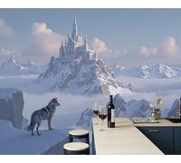Papier Peint Panoramique Château De Montagne En Hiver, Poster Geant Mural Personnalisé 3D, Paysage De Meute De Loups Pour Salon Chambre D'Enfant Décoration Murale, Ciel Bleu Moderne Murales, 200X140Cm