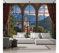 Papier Peint Panoramique Château De Neuschwanstein Forêt De Conifères, Papier Peint Mural Vue Par Une Fenêtre Gothique Vintage Revêtement Mural Pour Bureau Salon Canapé Chambre Décor Murale 350x256cm