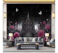 Papier Peint Panoramique Château Sombre Roses De Palais Papillons pour Salon Chambre, Mur TV - Décoration Murale Intérieure Style Gothique Poster Papier Peint Intissé 500 x 280 cm