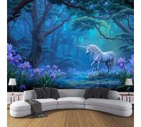 Papier Peint Panoramique Cheval Blanc De La Forêt Fantastique, Papier Peint Soie Style Conte De Fées Onirique 300x210cm Mural Pour Salon Chambre Bureau Couloir Murale Décor Mural, Bleu Foncé