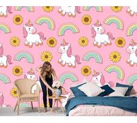 Papier Peint Panoramique Cheval Blanc Dessin Animé Poster Geant Mural Conte De Fées Onirique Papier Peint Soie Poudre Blush Fresque Murale pour Salon Canapé TV Fond Décoration Murale, 400x280cm