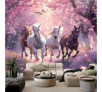 Papier Peint Panoramique Chevaux Galopant sous Cerisiers Fleurs Poster Mural, Rose Violet Papier Peint Intissé pour Salon Chambre Bureau Canapé TV Fond Décoration Fantaisie Romantique - 200x140