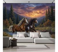 Papier Peint Panoramique Chevaux Jouant Dans La Rivière Au Coucher Du Soleil, Murales Panoramique Peinture De Paysage Réaliste Brun Papier Peint Soie Pour Salon Chambre à Coucher Décoration 300x210cm