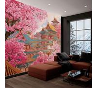 Papier peint panoramique chinois architecture rose fleurs, photo mural moderne 250L x 175H cm - Papier peint décoration de maison style rêveur pour salon, chambre, chambre des enfants, bureau