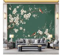 Papier Peint Panoramique Chinois Élégant Murale, Branches De Fleurs De Prunier Oiseaux Imperméable Papier Peint Intissé, Blanc Vert Facile à installer Decoratif Murale Pour Salon Chambre, 300 x 210 cm