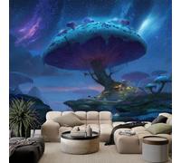 Papier Peint Panoramique Ciel Étoilé Bâtiments-Champignons Vaisseau Spatial 400 x 280 cm Poster Murale 3D, Île Fantastique Photo Murale, Papier Peint Intissé Fresque pour Salon Chambre Toile Fond TV