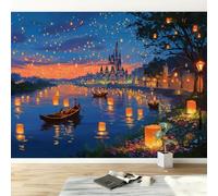 Papier peint panoramique ciel nocturne lanterne château bateau, Papier peint intissé fantaisie art esthétique moderne pour salon adulte chambre d'Enfants restaurant décoration murale 350L x 256H cm