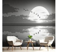 Papier Peint Panoramique Ciel Nocturne Oiseaux Lac, Poster Geant Mural Personnalisé 3D, Paysage Vintage Pour Salon Chambre D'Enfant Décoration Murale, Gris Anthracite Moderne Murales, 300X210Cm