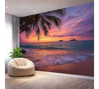 Papier Peint Panoramique Climat Tropical Plage Coucher De Soleil Île Papier Peint Fresque Mural Intissée Décoration Murale pour Salon Chambre Non-tissées Murale, 400 x 280 cm Tapisserie Murales Violet