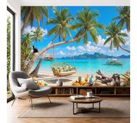 Papier Peint Panoramique Cocotiers Balançoires Plages | Papier Peint Soie Ambiance Estivale En Bord De Mer 200x140cm, Fresque Murale Décoration Murale Pour Salon Chambre Bureau (Non Adhésif)