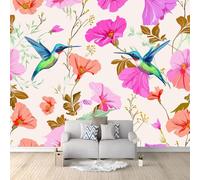 Papier Peint Panoramique Colibri Fleurs Peint À La Main Nature Motif 300 x 210 cm Tapisserie Murale Intissée Haute Qualité - Décoration Murale, pour Déco Chambre d'Enfant et Bureau Gris Clair